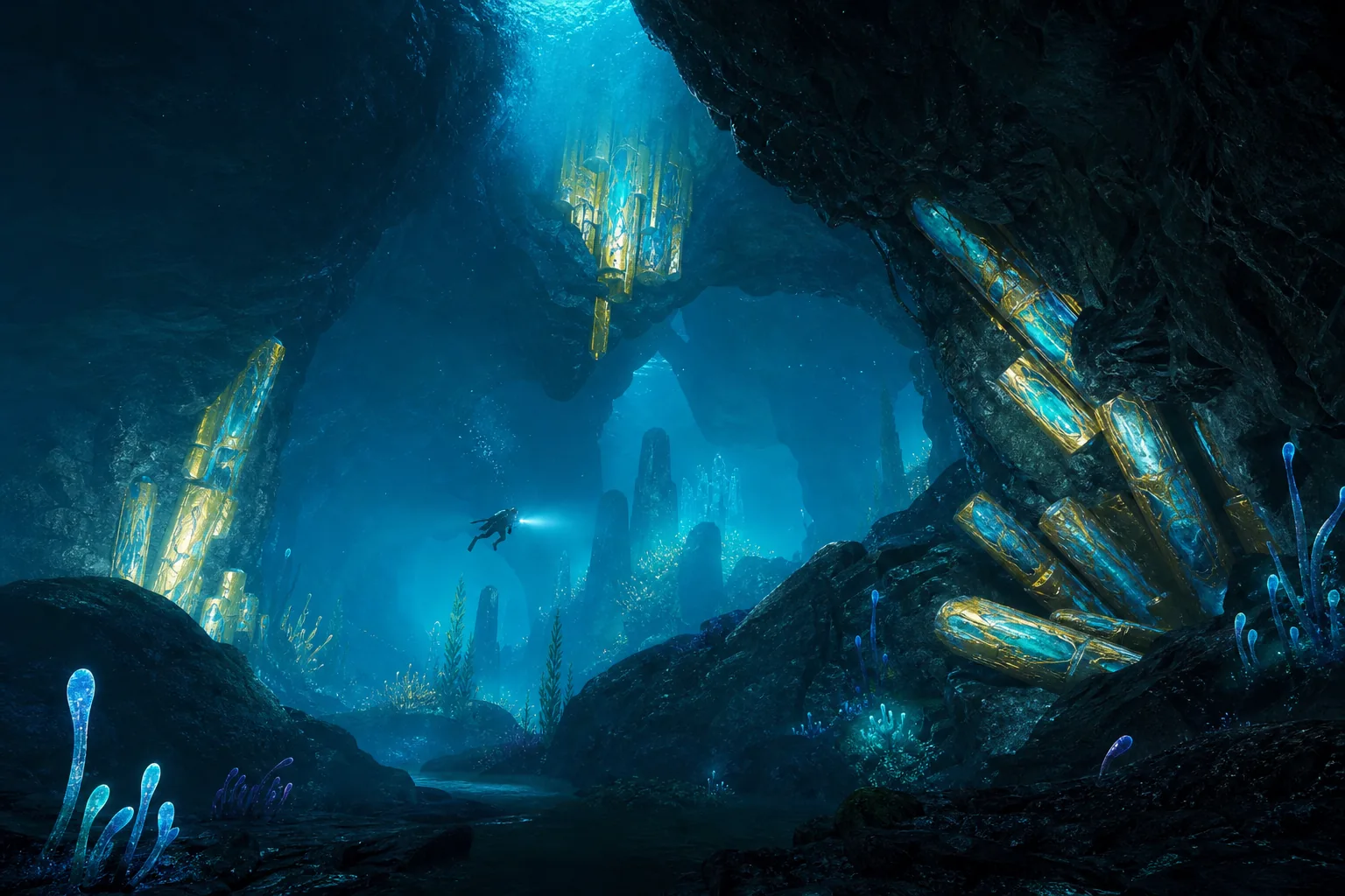Alien Ruinsの下層にある金属質のConduit Crystal群を描いた編集用コンセプトイラスト