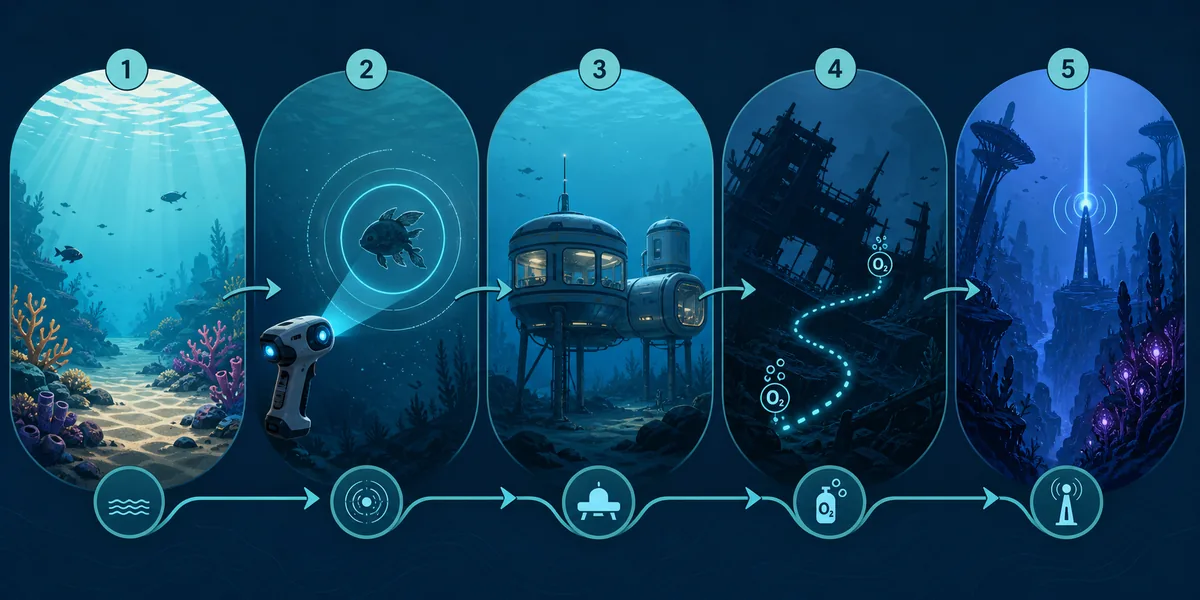 Subnautica 2の序盤進行を浅瀬、スキャン、基地、危険ルート、深海チェックポイントで示す編集図