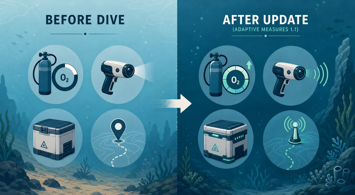 Subnautica 2 Adaptive Measures 1.1後の潜水前チェックと更新後チェックを示す編集図